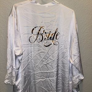 Bride white silk robe with rose gold lettering